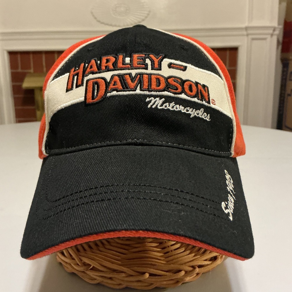 Harley Davidson Embroidered Biker Grunge Baseball Cap Hat Orange Black Mens L